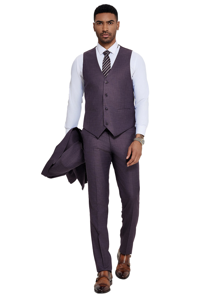 Men’s One Button Wide Peak Lapel Vested Slim Fit Suit in Eggplant Purple