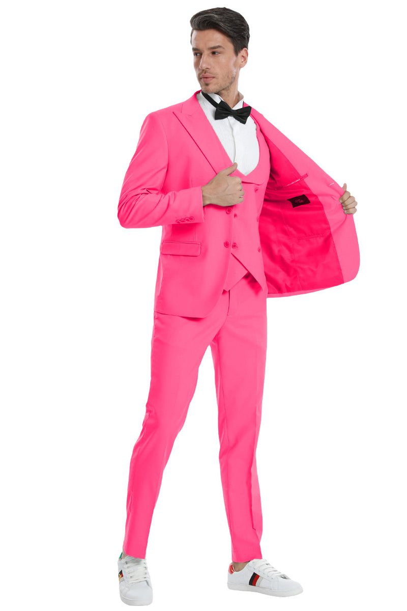 Men’s Two Button Vested Peak Lapel Pastel Wedding & Prom Suit in Fuchsia Pink