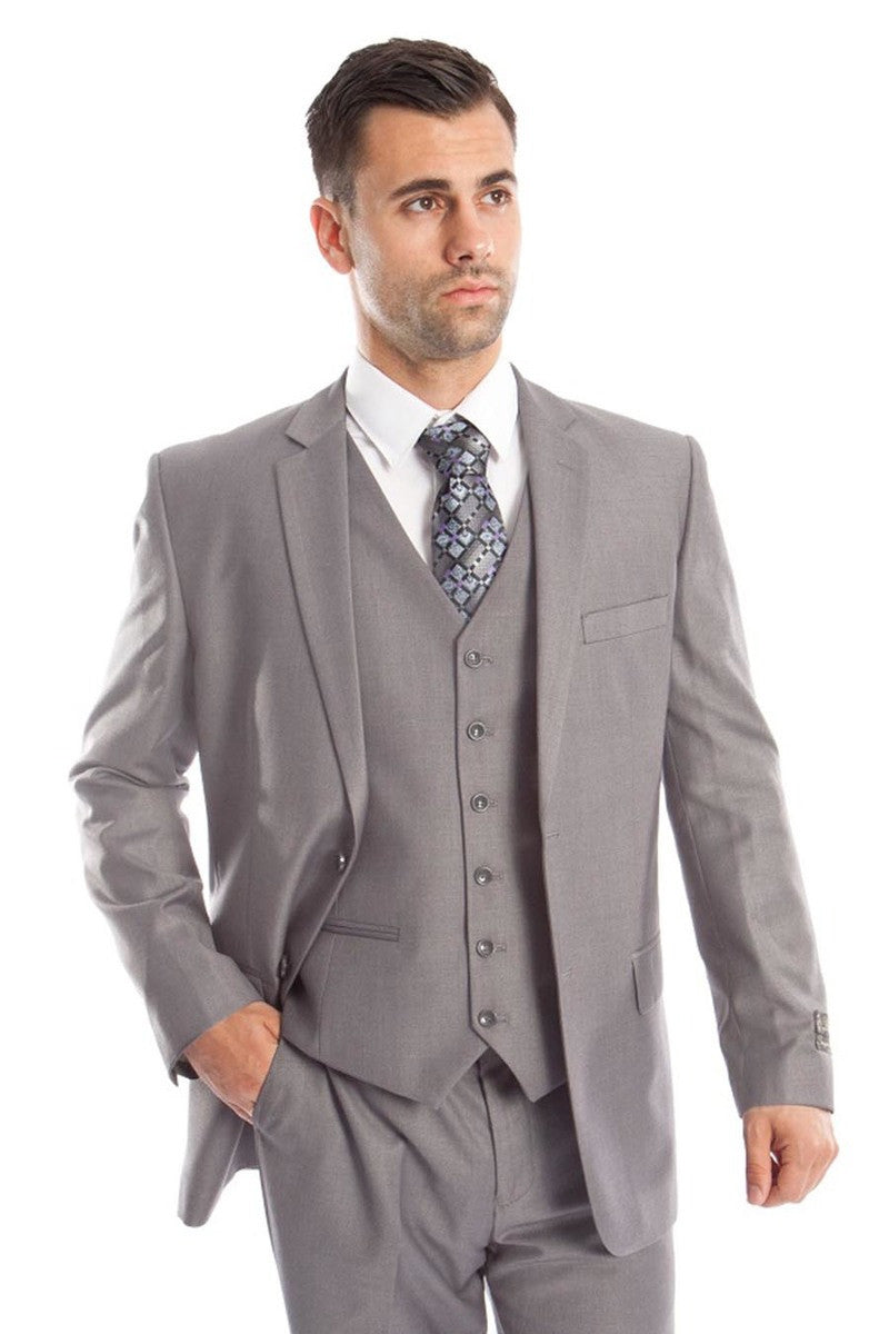 Men’s Vested Two Button Solid Color Wedding & Business Suit in Light Grey
