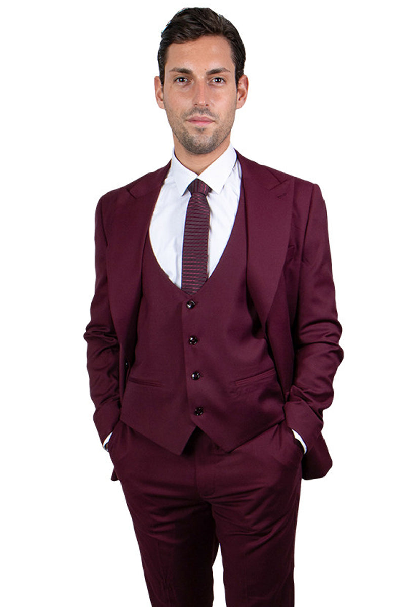 Men’s Vested One Button Peak Lapel Stacy Adams Suit in Burgundy
