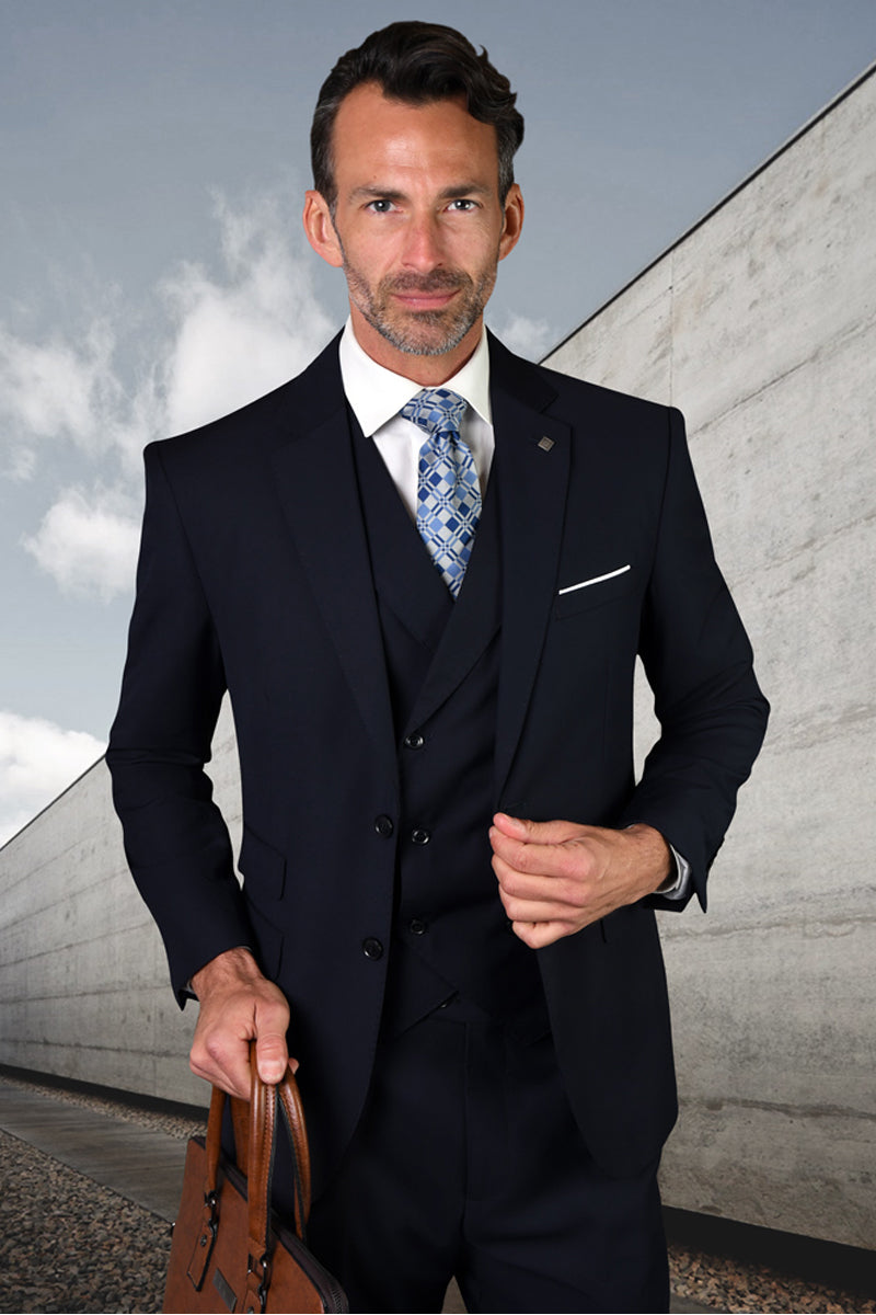 Men’s Modern Fit Designer Wool Suit in Navy Blue with a Double Breasted Vest