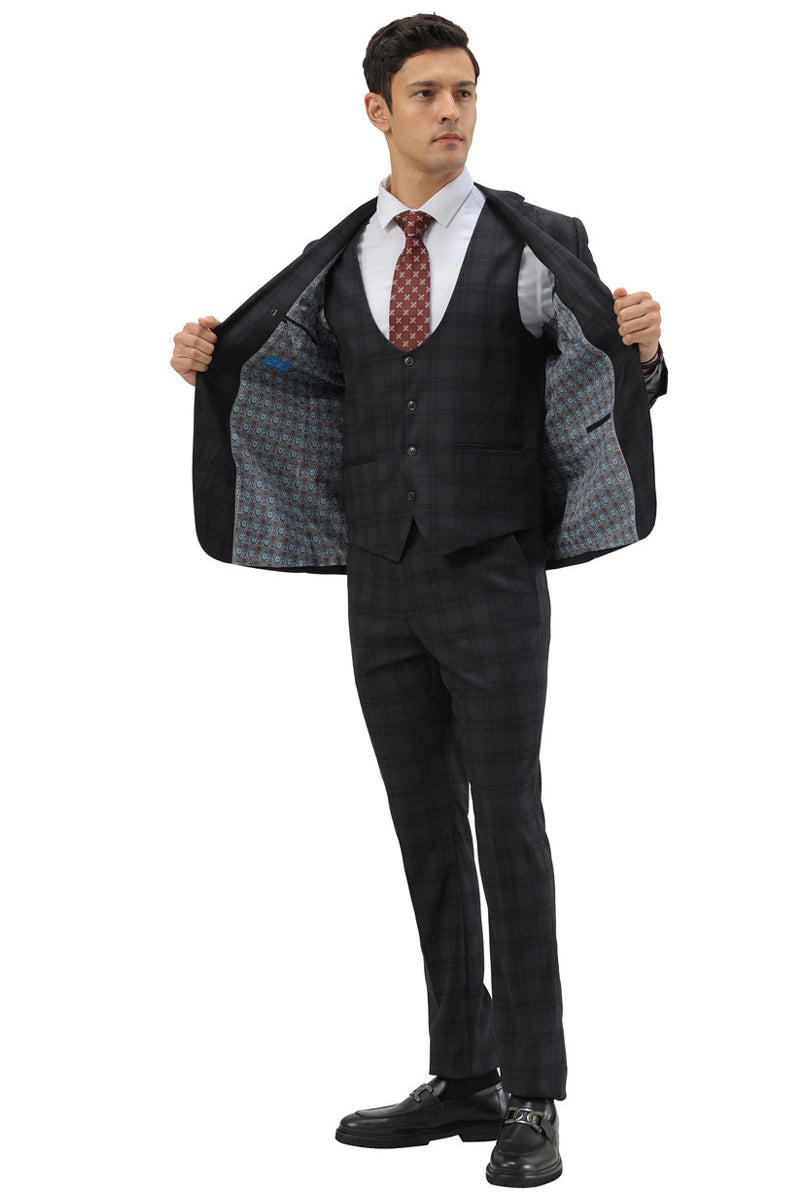 Men’s Modern Fit Two Button Suit with Scoop Vest in Black Windowpane Plaid