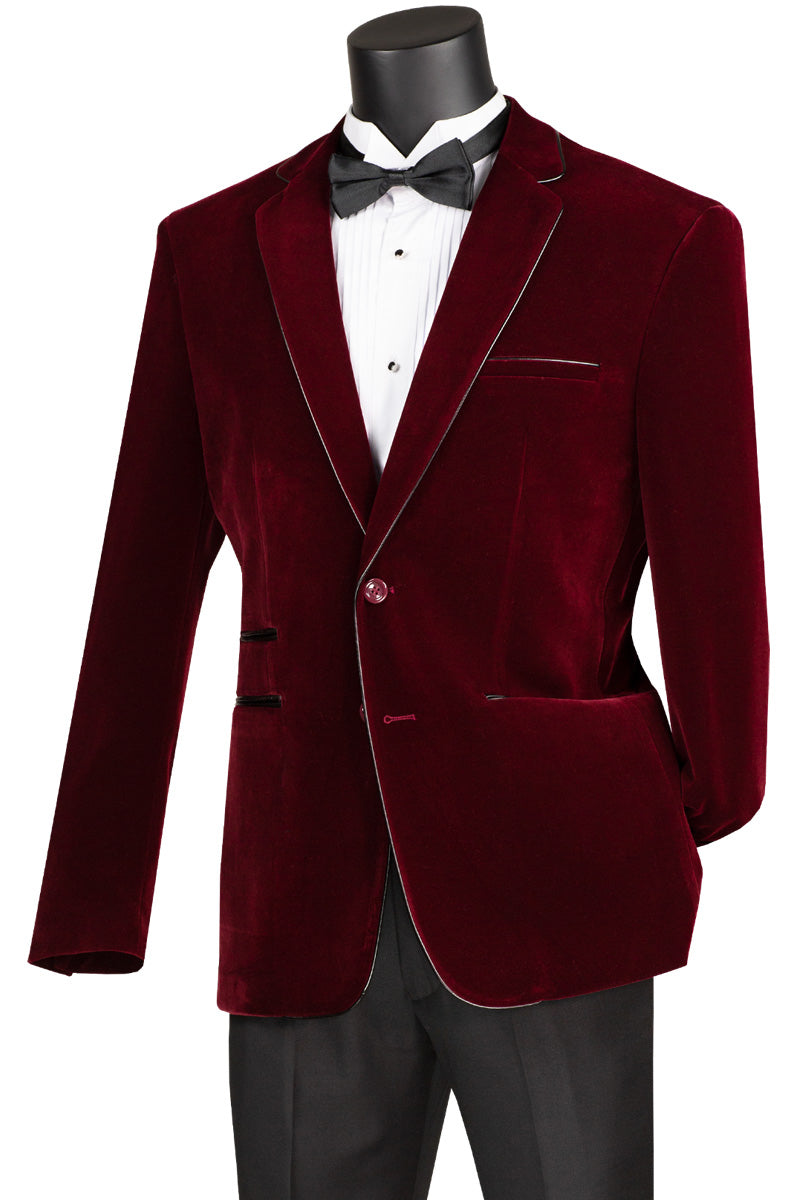 Men’s 2 Button Velvet Blazer in Burgundy with Black leather Piping Trim