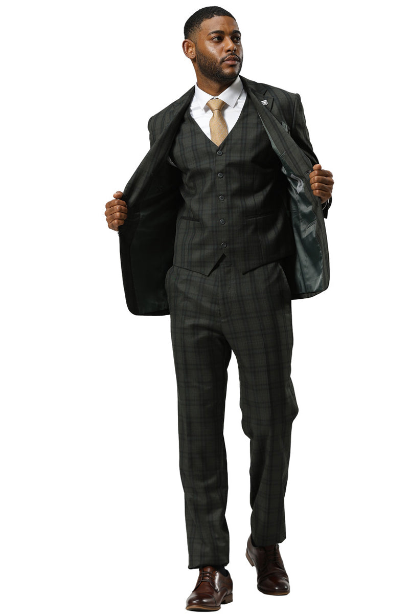 Men’s Stacy Adams Modern Fit Vested Suit in Dark Hunter Green Double Windowpane Plaid