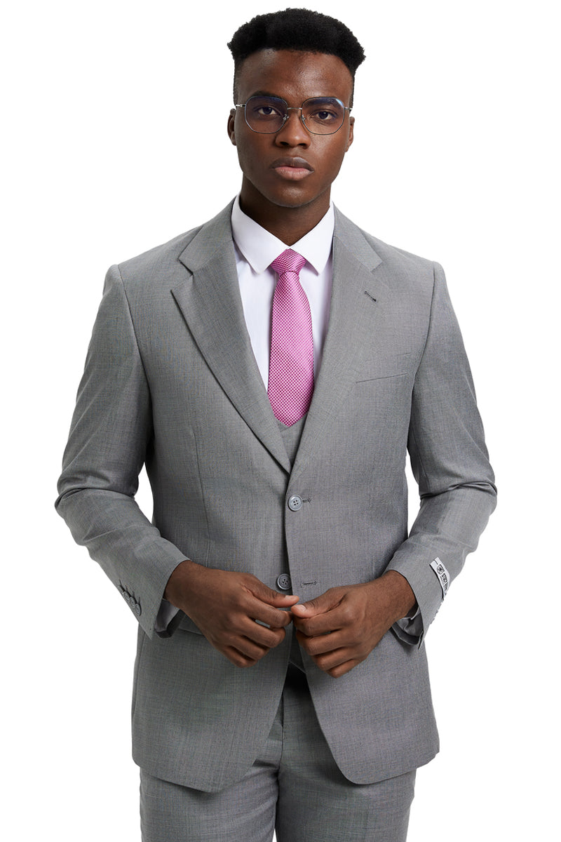 Men’s Two Button Vested Stacy Adams Designer Sharkskin Suit in Light Grey