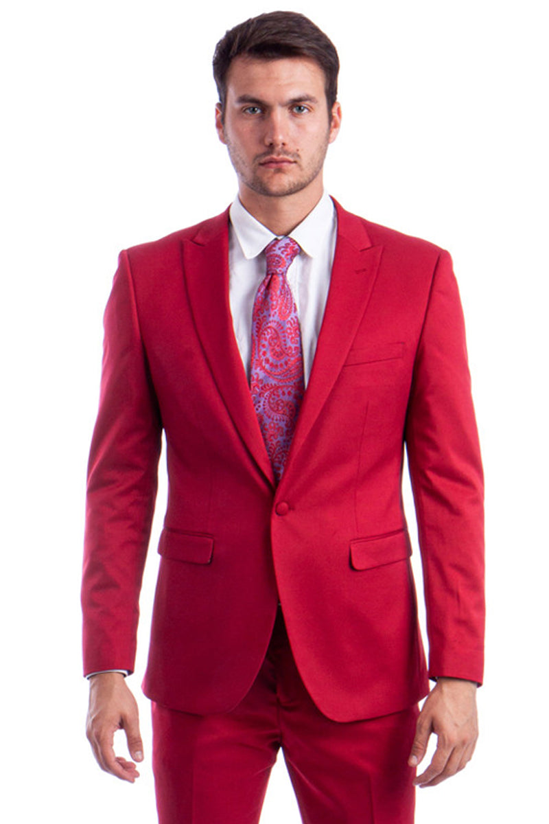 Men’s One Button Peak Lapel Basic Slim Fit Suit in Red