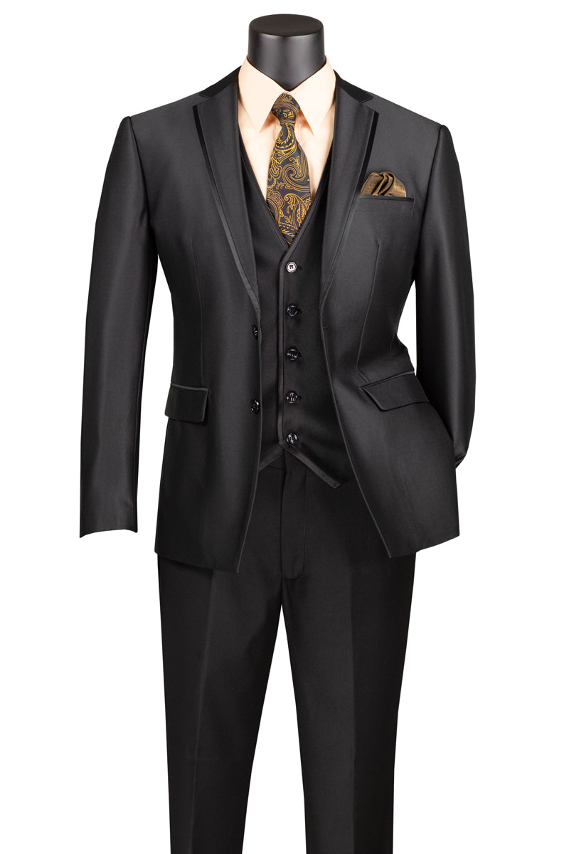Men’s Vested Slim Fit Shiny Sharkskin Wedding & Prom Tuxedo Suit in Black
