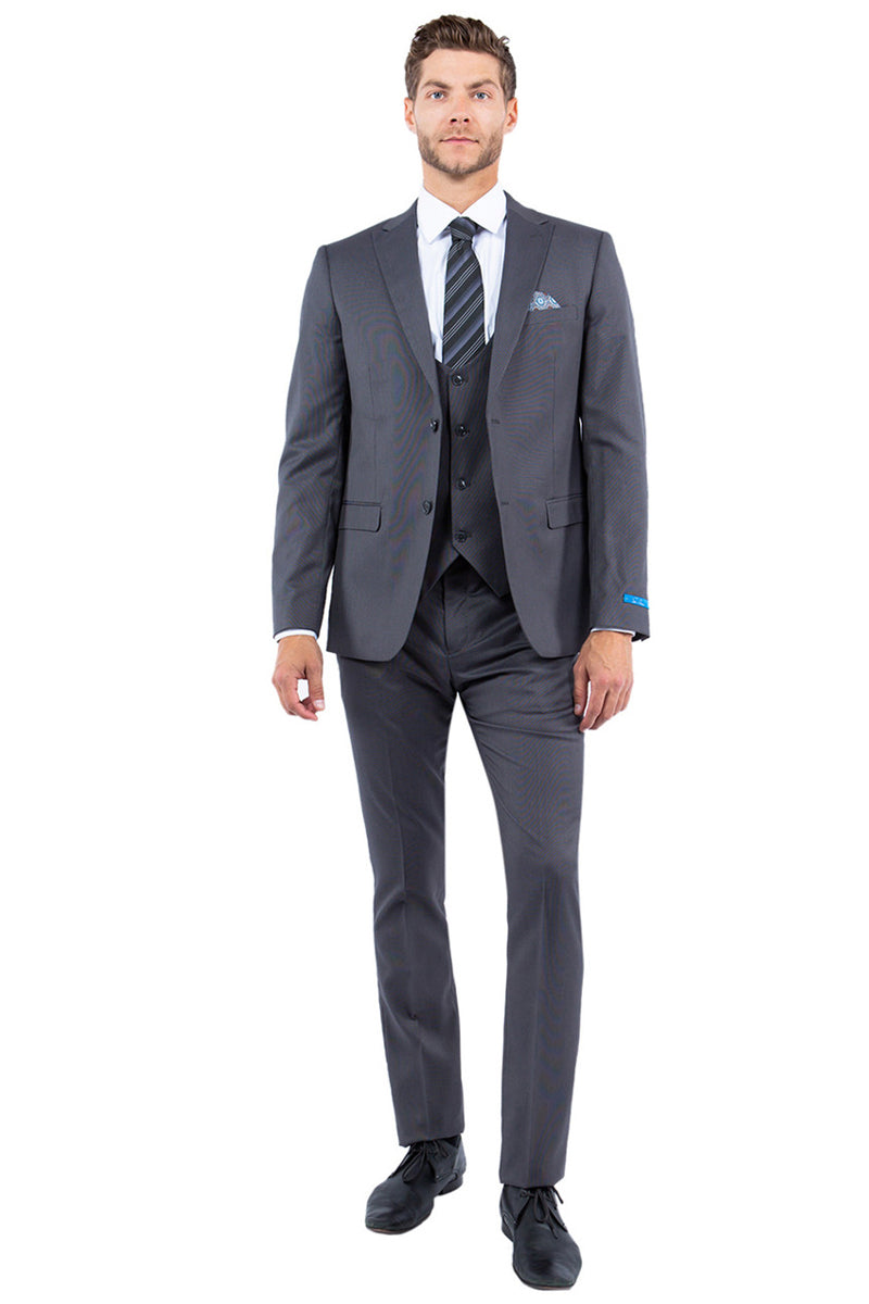 Men’s Two Button Vested Slim Fit Peak Lapel Suit in Grey Nailhead