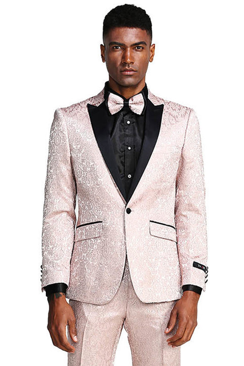 Men’s One Button Slim Fit Paisley Wedding & Prom Tuxedo in Blush Pink