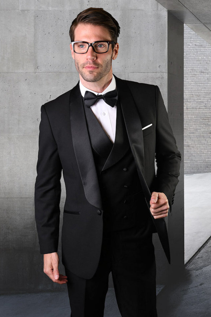 Men’s Designer Wool Classic Wide Shawl Tuxedo with Double Breasted Vest in Black