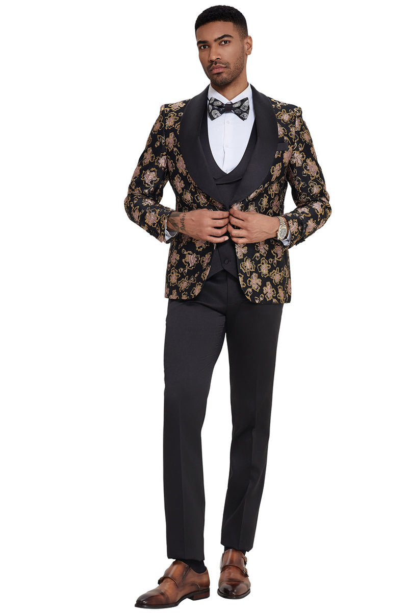 Men’s Slim Fit Vested Wedding & Prom Shawl Lapel Paisley Tuxedo in Black & Red