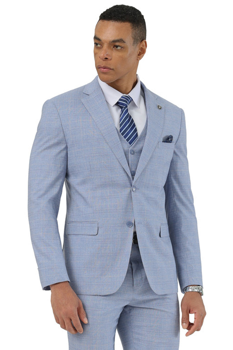 Men’s Stacy Adams Two Button Vested Summer Suit in Light Blue Glen Plaid