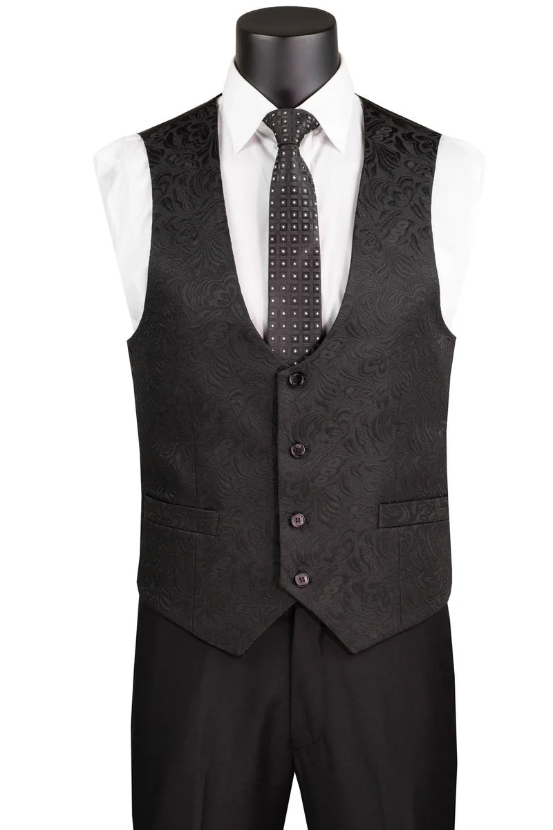 Men’s Slim Fit Vested Paisley Wedding Tuxedo in Black