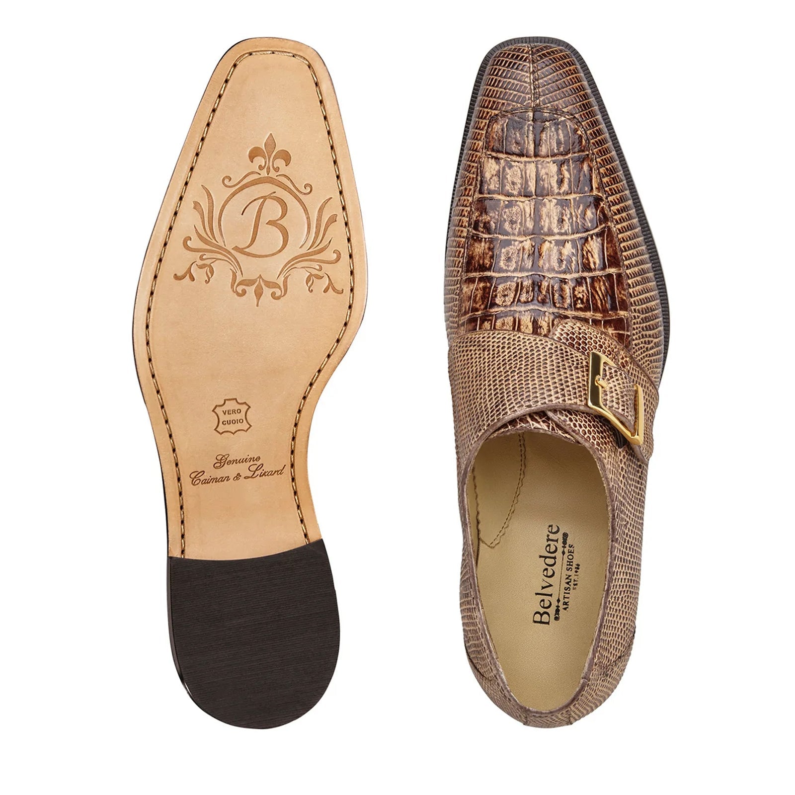 Men’s Belvedere Pablo Crocodile & Lizard Moc-Toe Monk Strap Dress Shoe in Espresso