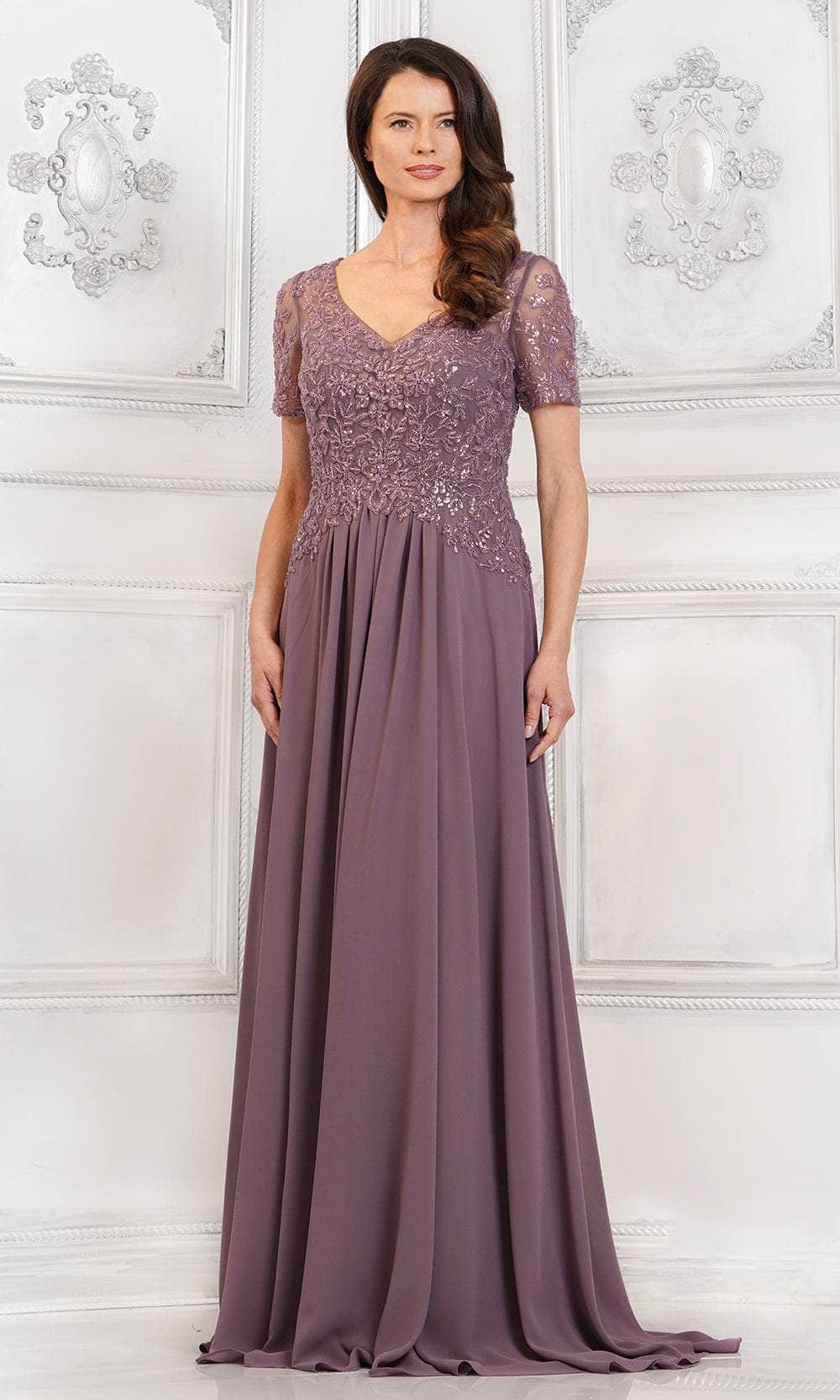 Beaded Appliqued V-Neck Formal Gown