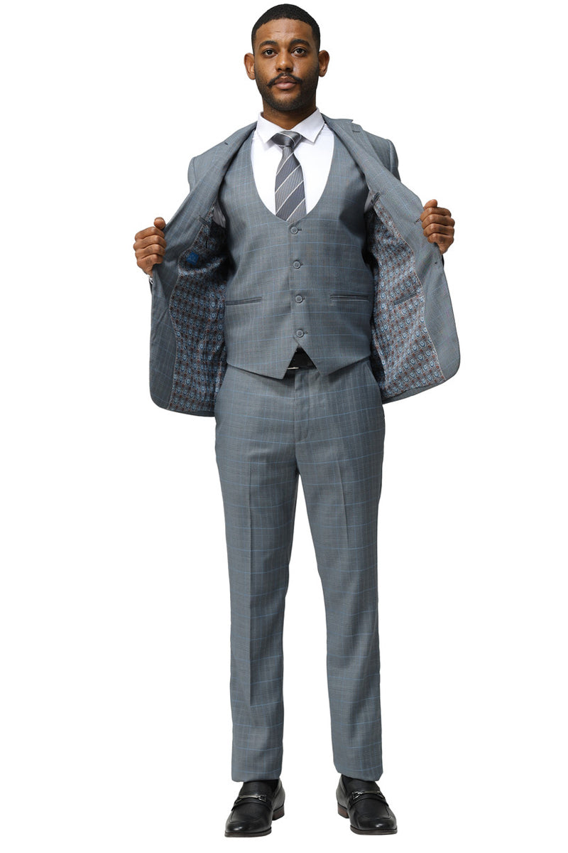 Men’s Modern Fit Two Button Suit with Scoop Vest in Grey Windowpane Plaid