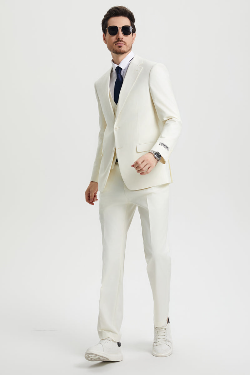 Men’s Two Button Vested Stacy Adams Basic Designer Suit in Ivory Off White