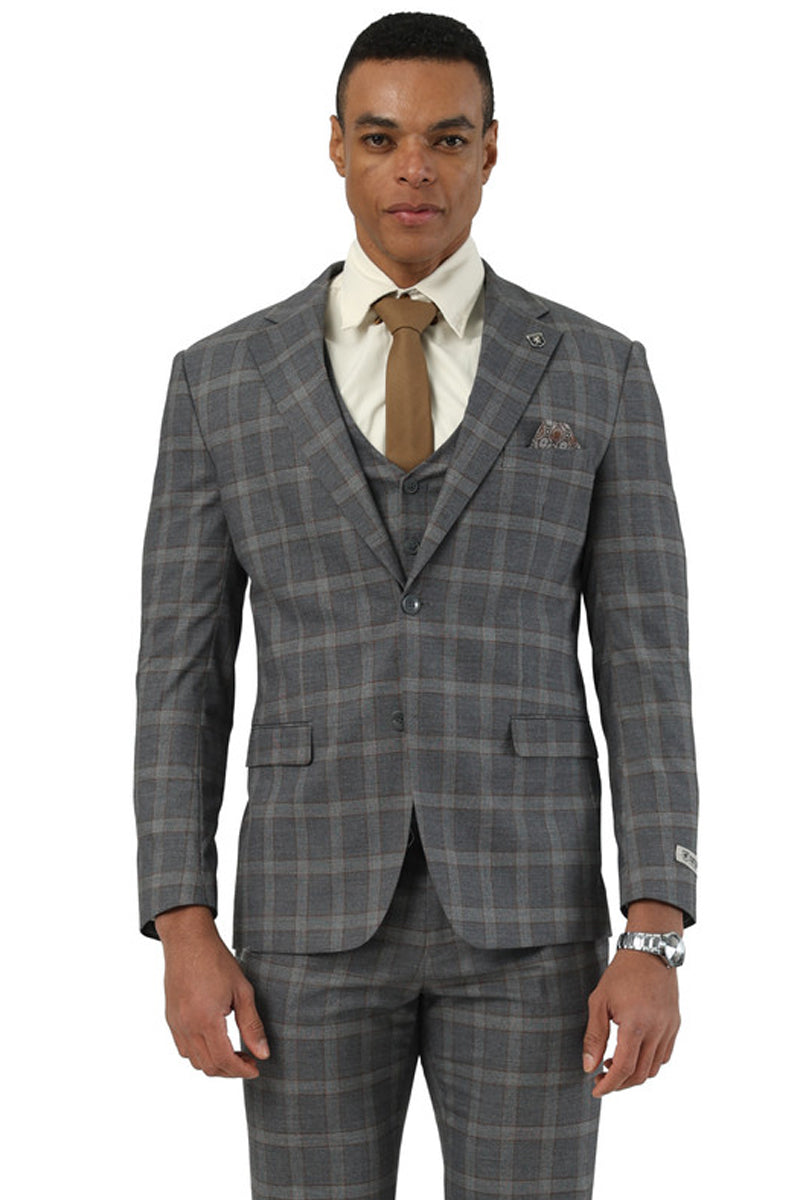 Men’s Designer Stacy Adams Vested Glen Plaid Suit in Charcoal & Brown