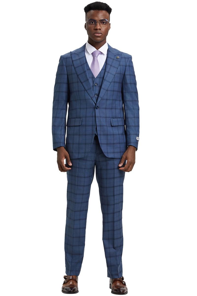 Men’s Stacy Adams One Button Vested Suit in Midnight Blue Windowpane Plaid
