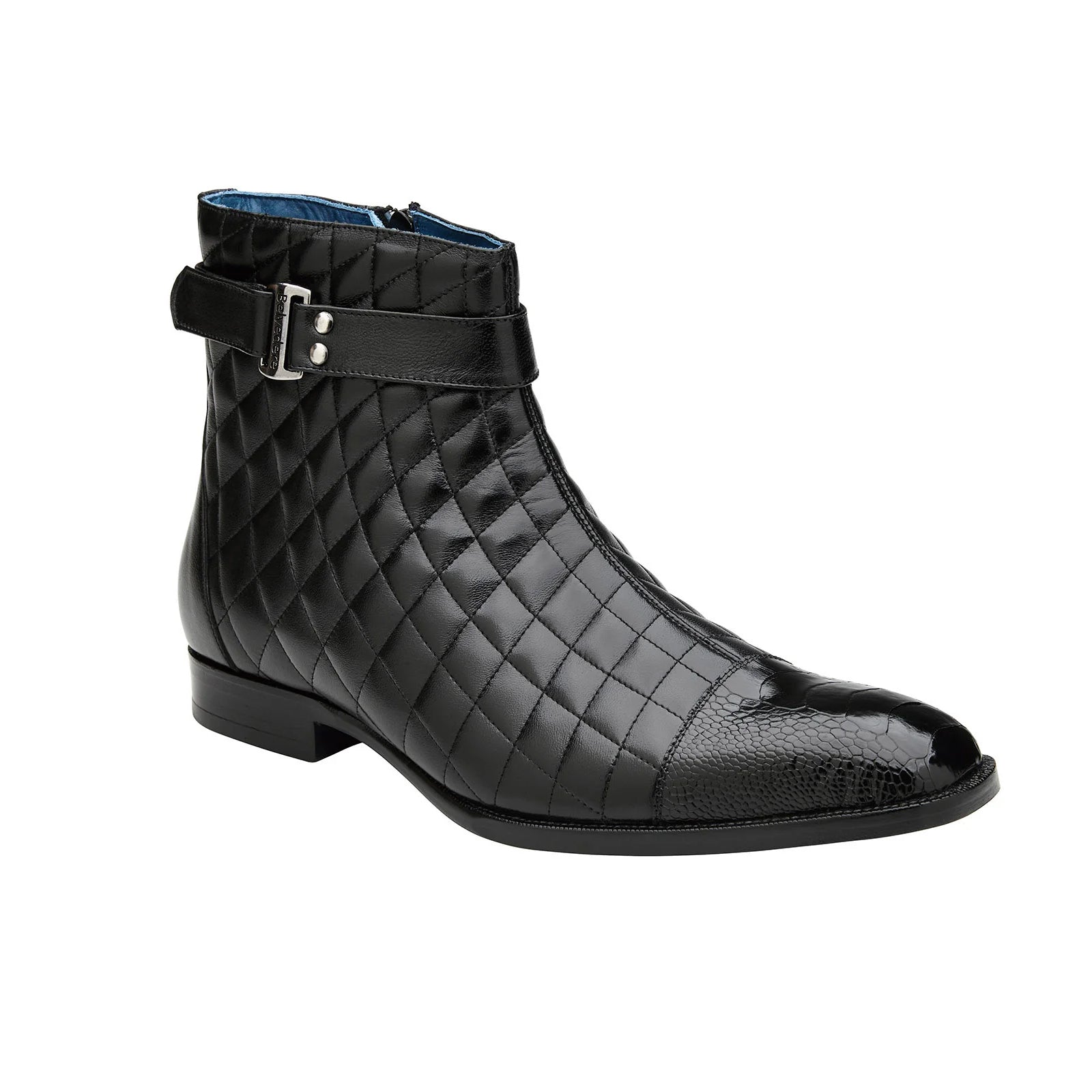 Men’s Belvedere Libero Quilted Leather & Ostrich Leg Cap Toe Chelsea Boot in Black
