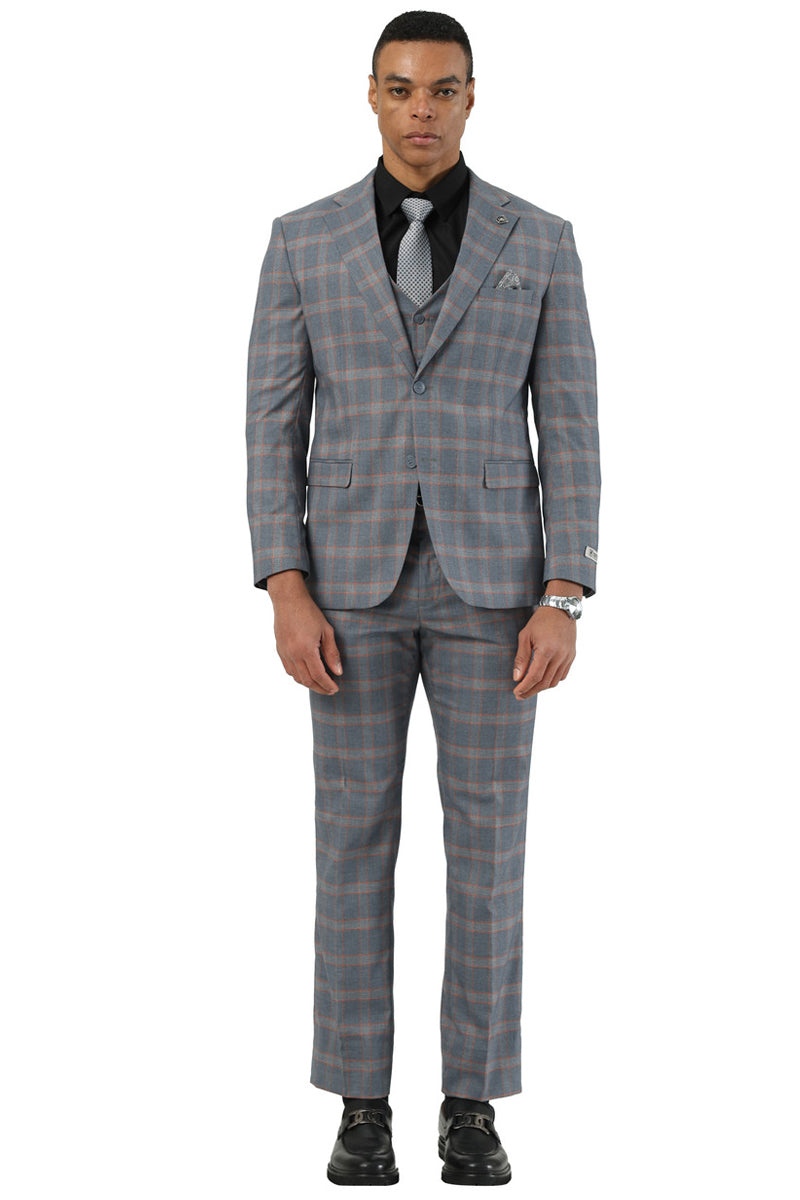 Men’s Designer Stacy Adams Vested Glen Plaid Suit in Grey & Orange