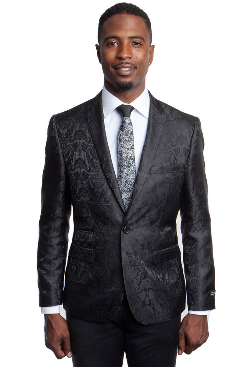 Men’s Slim Fit Two Button Blazer in Black Paisley