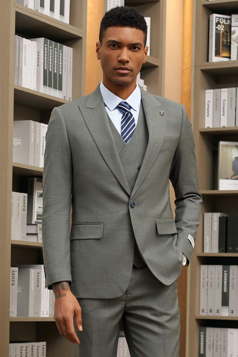 Men’s Stacy Adams Vested One Button Peak Lapel Designer Suit in Dark Green