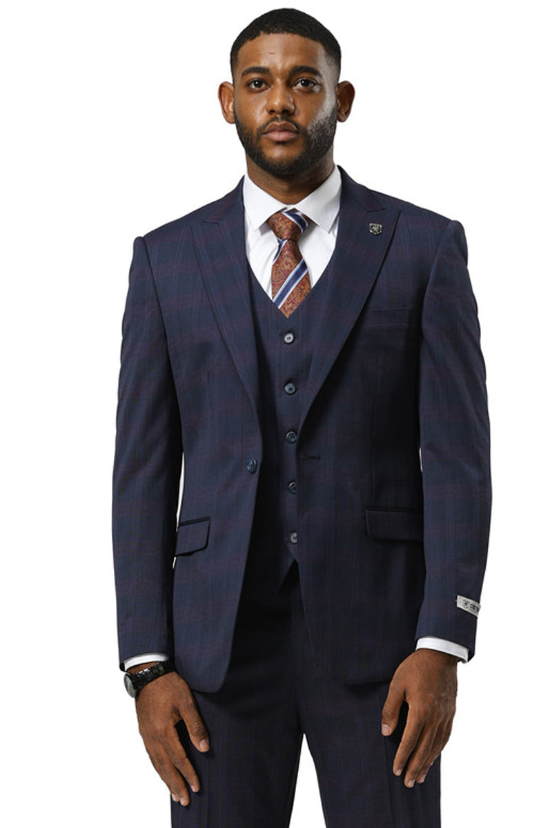 Men’s Stacy Adams One Button Vested Peak Lapel Suit in Navy Glen Plaid
