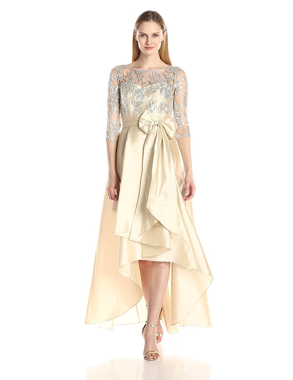 81916970 Quarter Sleeve Ribbon Ornate High Low Gown