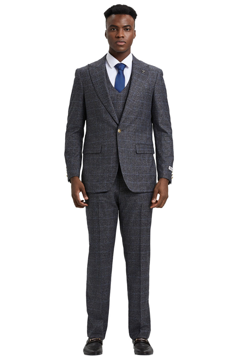 Men’s Stacy Adam’s One Button Vested Peak Lapel Business Suit in Charcoal Grey Plaid