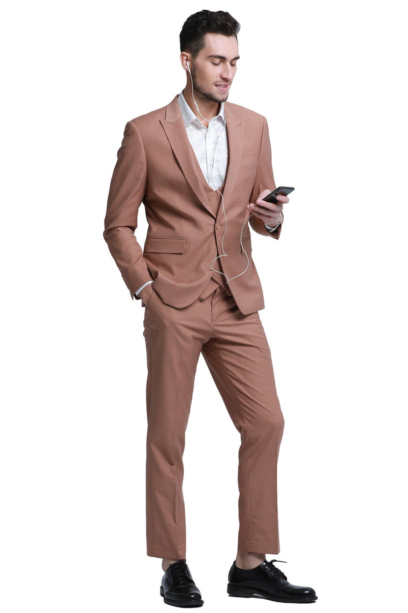 Men’s Slim Fit One Button Peak Lapel Low Cut Double Breasted Vest Wedding Suit in Peach