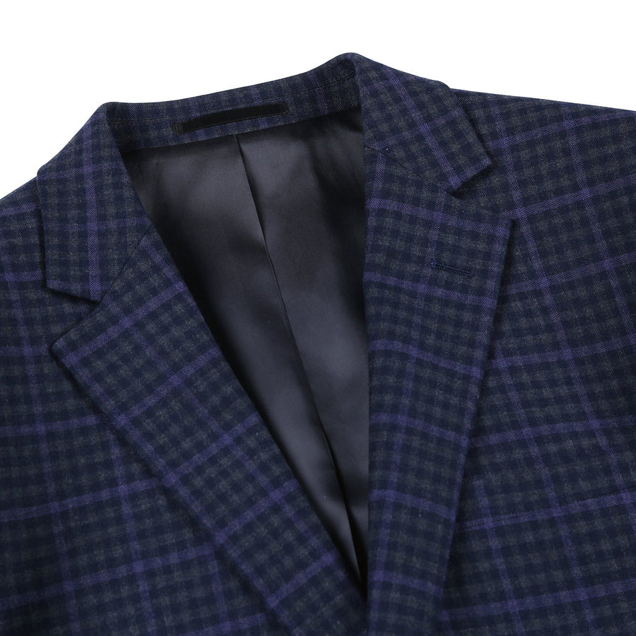 Mens Two Button Slim Fit Two Piece Wool Suit in Navy Blue & Purple Micro Check Plaid