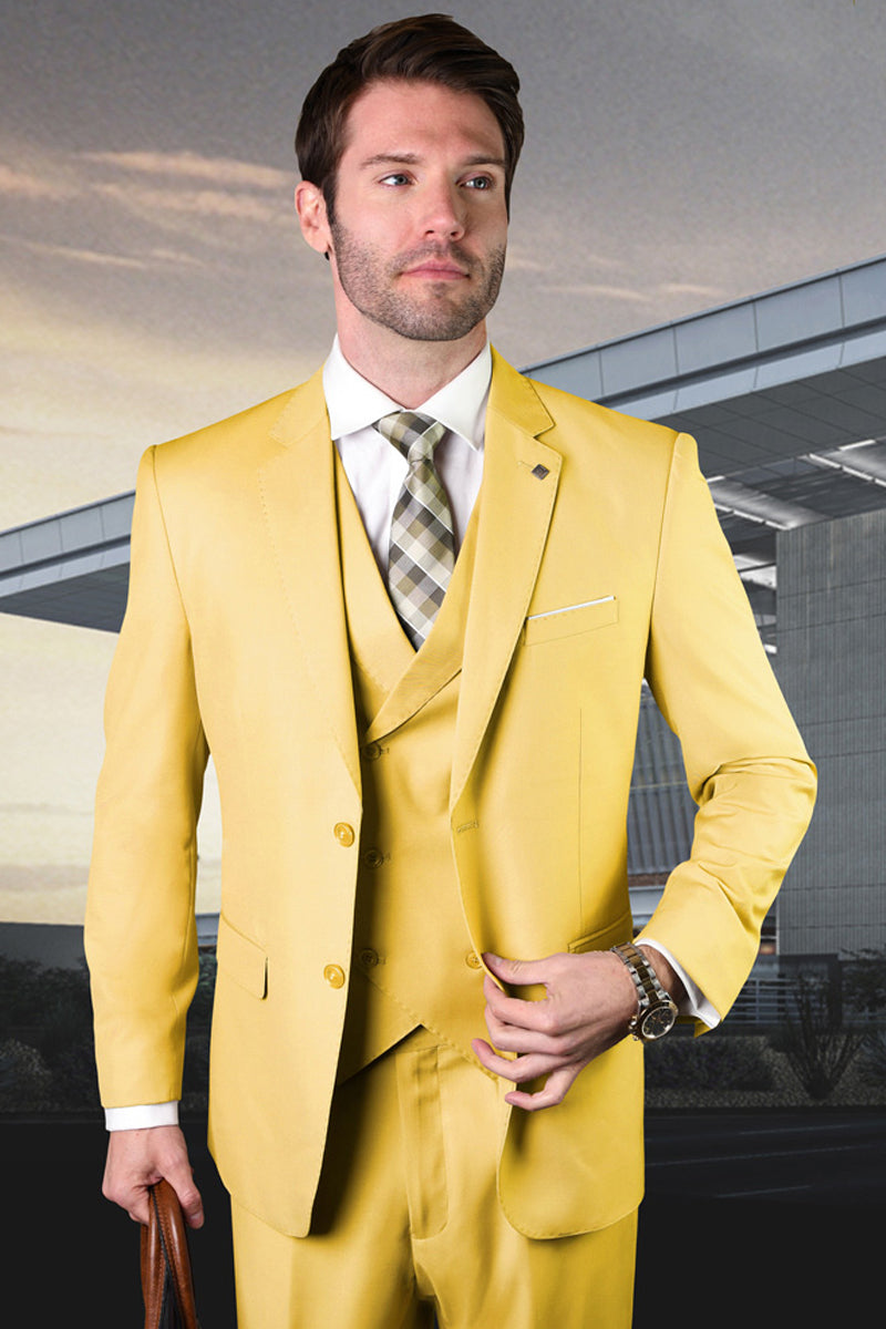 Men’s Designer Modern Fit Double Breasted Vest Wool Wedding Suit in Yellow