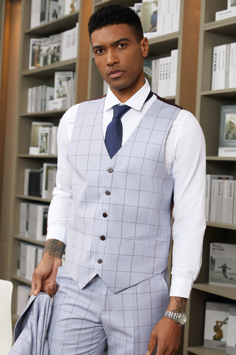 Men’s Stacy Adam’s Two Button Wide Notch Lapel Vested Suit in Light Blue Windowpane Plaid