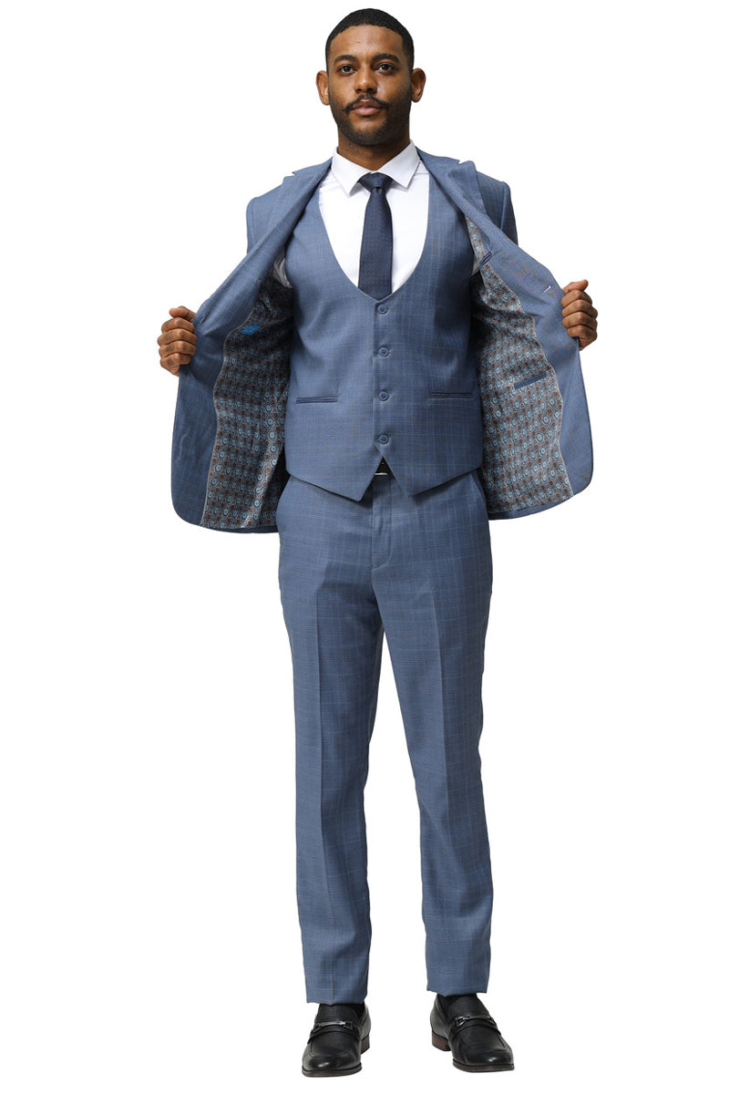 Men’s Modern Fit Two Button Suit with Scoop Vest in Blue Windowpane Plaid