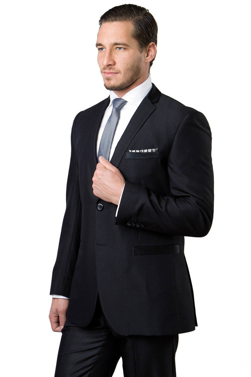 Men’s Two Button Slim Fit Shiny Sharkskin Suit in Black with Contrast Collar and Trim