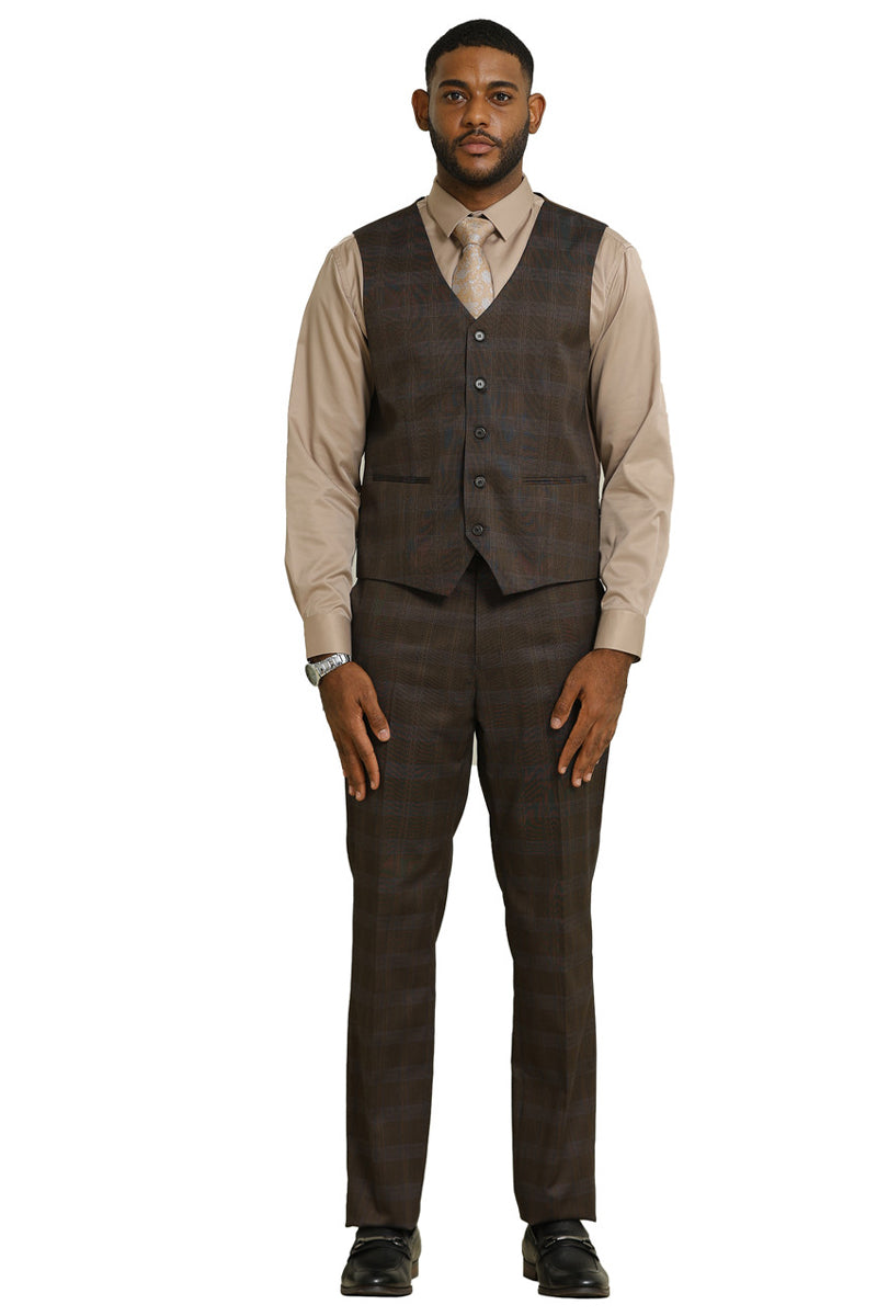 Men’s Stacy Adams One Button Vested Peak Lapel Suit in Brown Glen Plaid