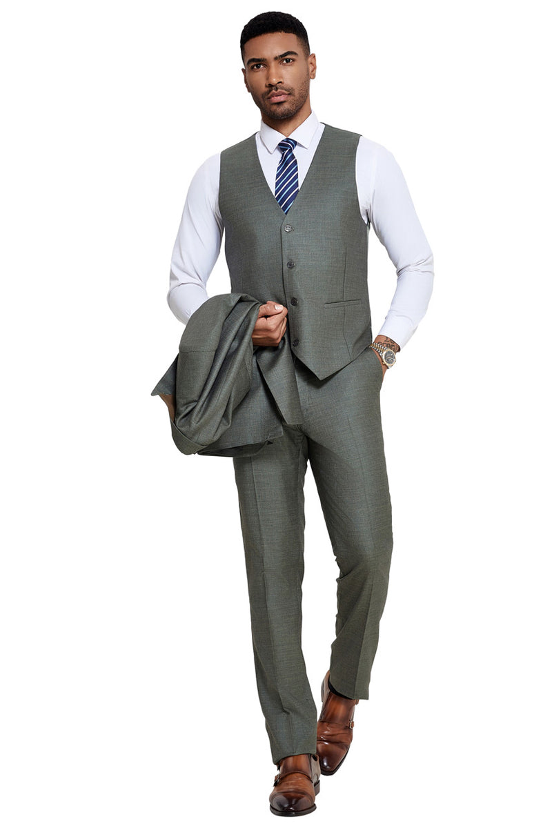Men’s One Button Wide Peak Lapel Vested Slim Fit Suit in Sage Green
