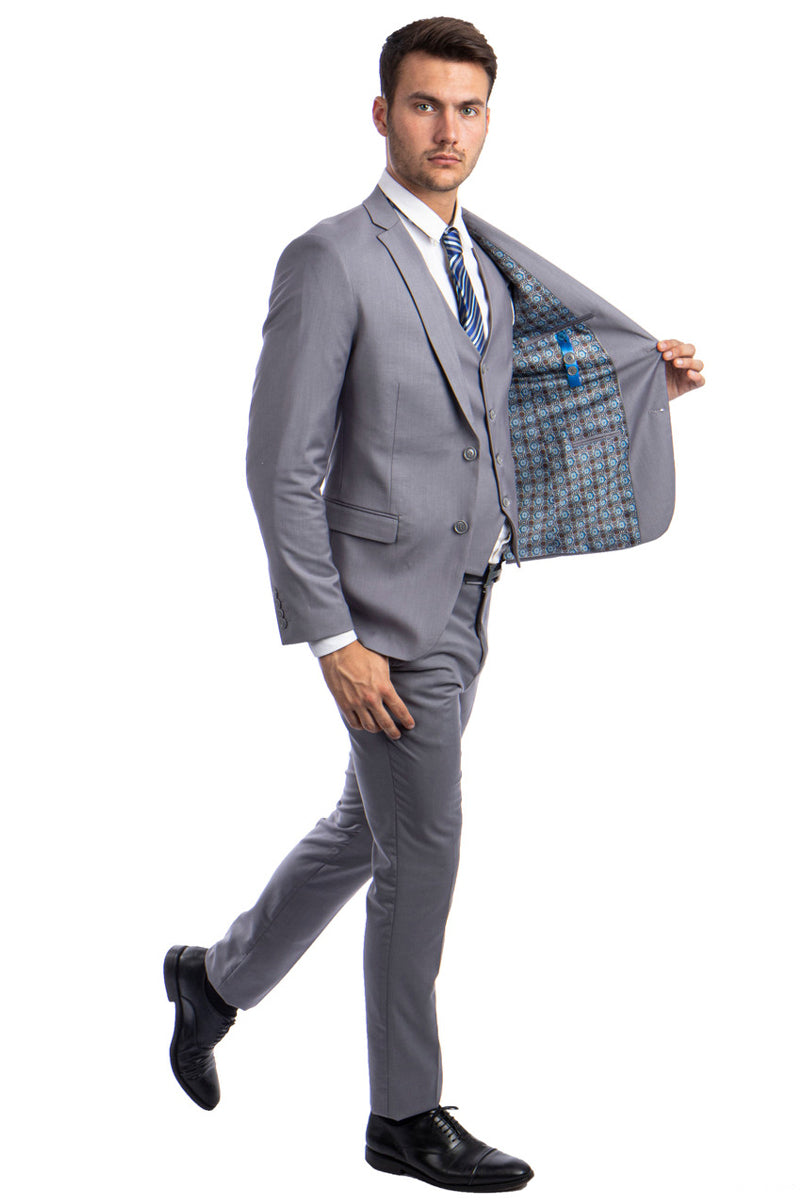 Men’s Two Button Slim Fit Vested Solid Basic Color Suit in Grey