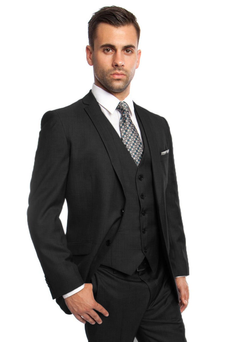 Men’s Two Button Vested Business Sharkskin Suit in Black