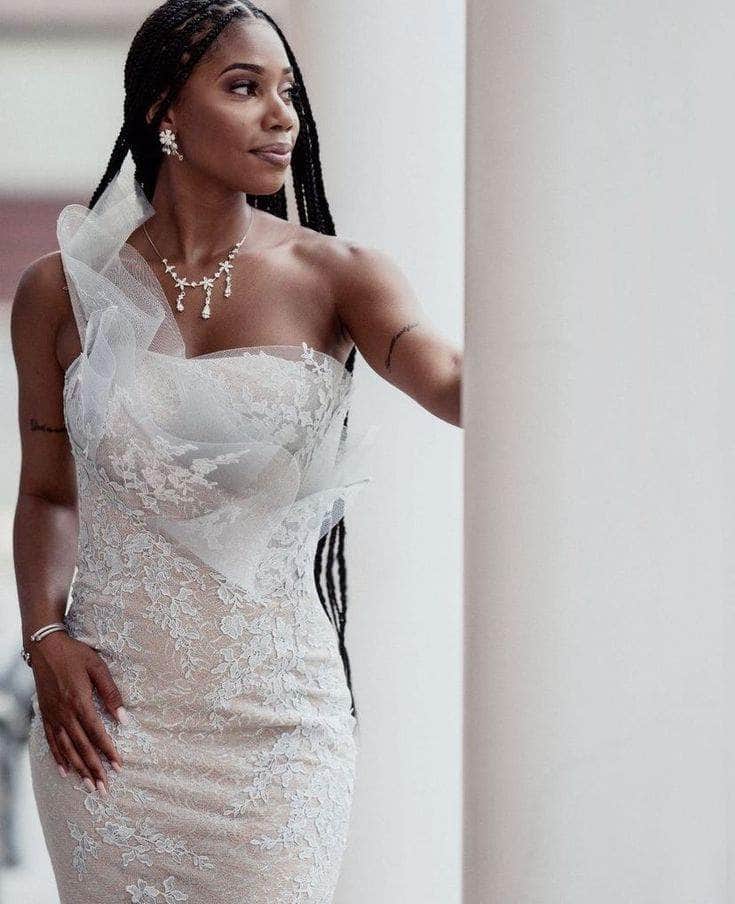 03904 Lace Asymmetric Neck Trumpet Dress