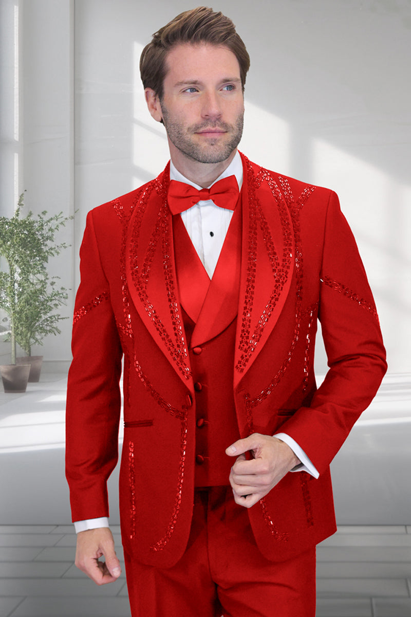 Men’s Designer Wool Shawl Lapel Vested Tuxedo with Rhinestones in Red