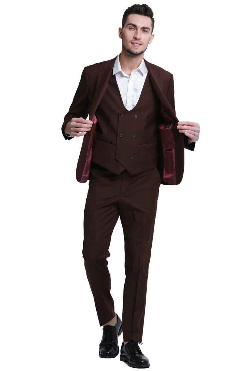 Men’s Slim Fit One Button Peak Lapel Low Cut Double Breasted Vest Wedding Suit in Brown