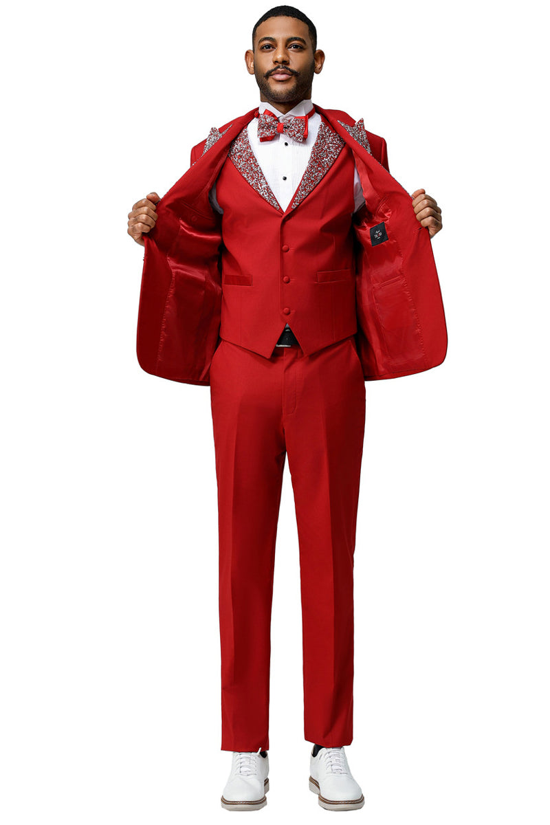 Men’s One Button Rhinestone Peak Lapel Vested Prom Tuxedo in Red