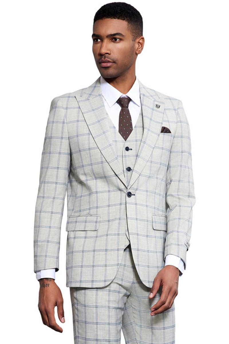 Men’s Stacy Adams One Button Peak Lapel Vested Windowpane Plaid Suit in Grey & Blue