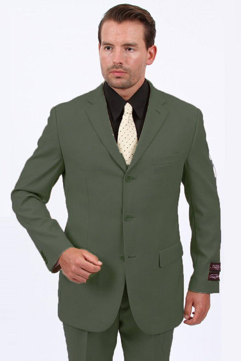 Men’s Basic Three Button Business Suit in Olive Green