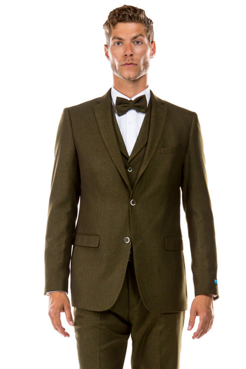 Men’s Two Button Vested Vintage Style Tweed Wedding Suit in Olive Green