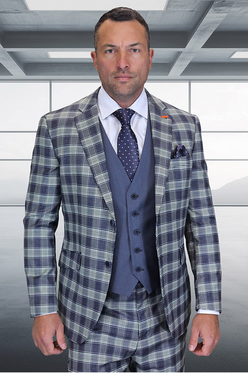 Men’s Designer Modern Fit Wool Suit in Grey Plaid with Contrasting Vest