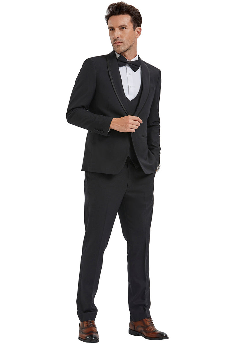 Men’s One Button Vested Shawl Tuxedo in Black Birdseye with Black Satin Trim