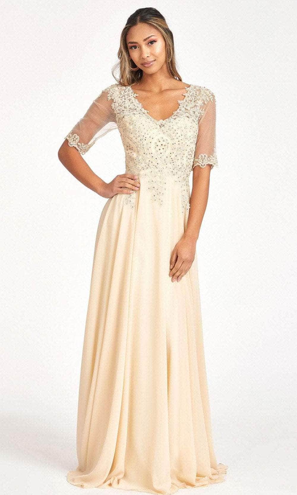 Applique-Ornate Quarter Sleeve Evening Dress
